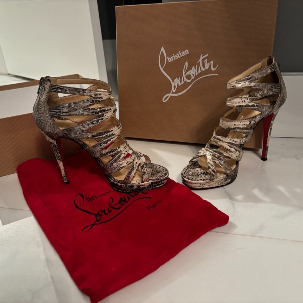 Christian Louboutin Grey/Yellow Lizard Leather "Fernando" Cage Sandals